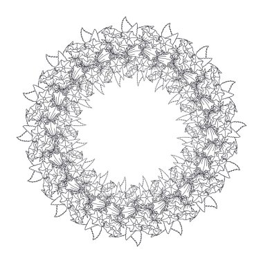 El çizimi siyah-beyaz çizgili kanarya adaları çiçek çelenkleri. Şirin tek renkli çiçek desenli kart şablonu. Botanik vektör çizimi beyaza izole edildi.