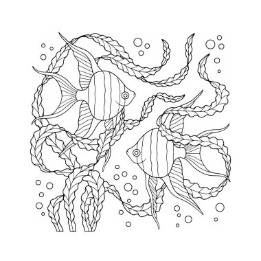 Sanat yeni tropikal balıklar deniz yosunları arasında yüzüyorlar. Tek renkli, kolay renklendirilmiş kitap sayfası illüstrasyonları. Klasik siyah beyaz mürekkep çizgisi sualtı yaşam tasarımı çiziyor.