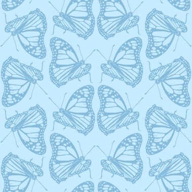 Elle çizilmiş monokrom mavi kral kelebekleri ile klasik dikişsiz desen. Güzel tropikal böceğin duvar kağıdını tekrarla