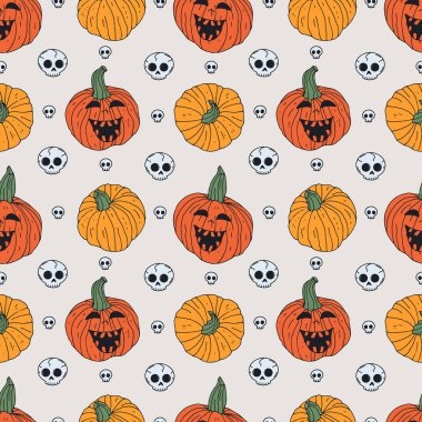 Güzel elli kusursuz desenli Cadılar Bayramı balkabakları çizilmiş. Satır sanatının ürkütücü arka planı.