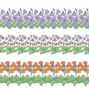 Çizgili çizgili çizgili çizgili kanarya desenleri. Çiçekler. Çiçeksel yatay kenarları el çizimi millefleur tarzı botaniklerle doludur. Vektör illüstrasyonu
