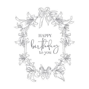 El çizimi siyah beyaz çizgili, çiçekli çiçek çelengi. Mutlu yıllar sana. Şirin çiçek desenli klasik monokrom kart şablonu. Botanik vektör illüstrasyonu