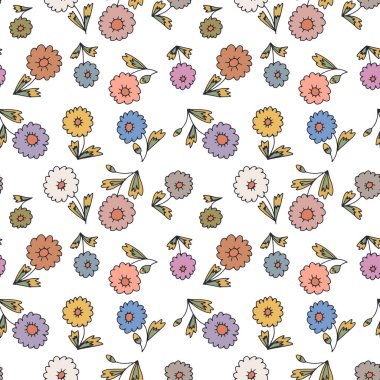 Beyaz arka planda küçük, çiçekli, pürüzsüz desen. Küçük çiçekli el yapımı vintage fon. Yarım yamalak çiçekli Cottagecore dokusu.