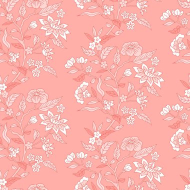 Monokrom pastel pembe çinli el çizimi motifli kusursuz desen. Çiçek duvar kağıdı ve orintal folklor tarzı süs..