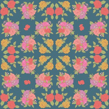 Klasik sanat eseri pembe gül filizleri dikdörtgen desenli mavi arkaplan. Romantik çiçek kompozisyonu arka planı tekrarlıyor. Eşarp tasarımları için güzel bir el çizimi botanik duvar kağıdı. vektör illüstrasyonu