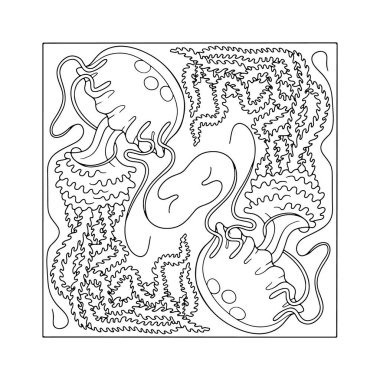 Okyanus boyama sayfasında yüzen yeni sanat ürünü denizanası el çizimi vektör çizimi. Gevşemek için deniz yaşamı tasarımı çizimi.