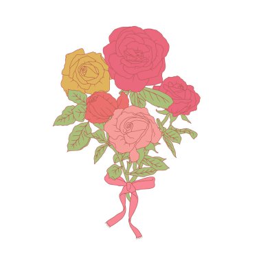 El çizimi sanat retro paleti beyaz arka planda izole gül buketi. Klasik romantik botanik vektör çizimi