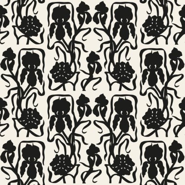 Art Nouveau tarzı el yapımı siluet süsen çiçekleri dikişsiz desen. Klasik siyah ve beyaz botanik yinelenen tasarım vektörü çizimi