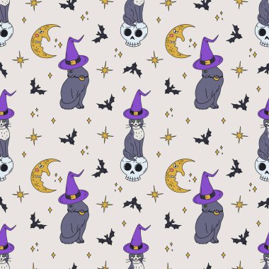 Kusursuz desenli, şirin elli cadılar bayramı cadısı kara kediler kafatasının üzerinde oturuyor. Satır sanatının ürkütücü arka planı.