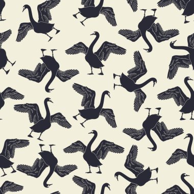 Tek renkli el yapımı kuğu silueti çizilmiş siyah ve beyaz kanatlı, dikişsiz desenli. Vektör tekrarlama tasarımı