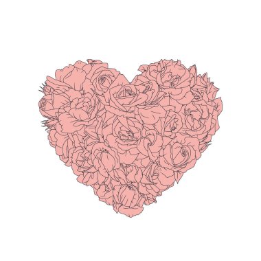 Beyaz arka planda izole edilmiş pembe gül çiçekleriyle dolu el çizimi sanat kalp kompozisyonu. Klasik romantik çiçek kartı çizimi