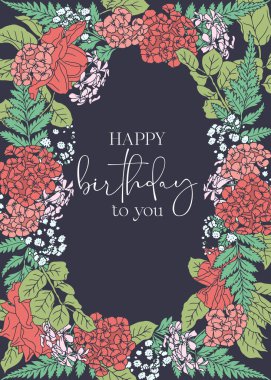 Güzel el çizimi sanat eseri pembe gül çiçekleri ve siyah arkaplanda dikey oval çerçeve bırakıyor. Mutlu yıllar sana. Klasik romantik çiçekli sınır kartı şablonu vektör çizimi