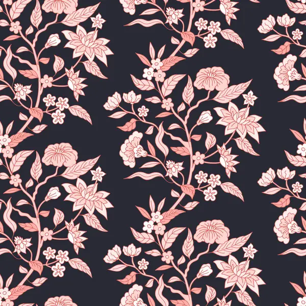 Siyah arka planda, tek renkli, pembe, çinli el çizimi motifleri olan kusursuz bir desen. Çiçek duvar kağıdı ve orintal folklor tarzı süs..