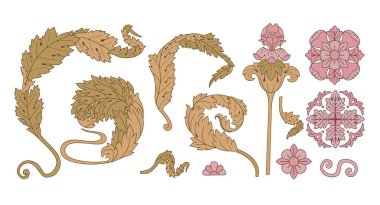 Art Nouveau Acanthus çiçekli yaprakları sessiz renklerle kaplıyor. Klasik organik botanik tasarım element vektör illüstrasyon paketi. Klasik deco biçim dekoratif clipart paketi