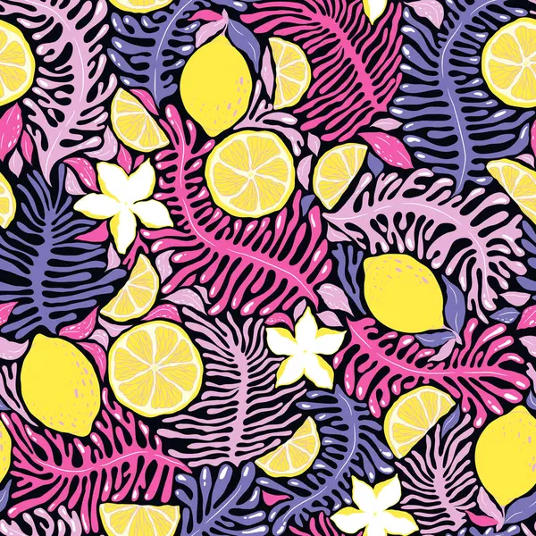 无缝隙的矢量图案 有五彩缤纷的抽象植物 奇异的花朵和柠檬 在黑色的背景上被分离出来 时尚印刷品 卡片的现代插图模板 — 图库矢量图片