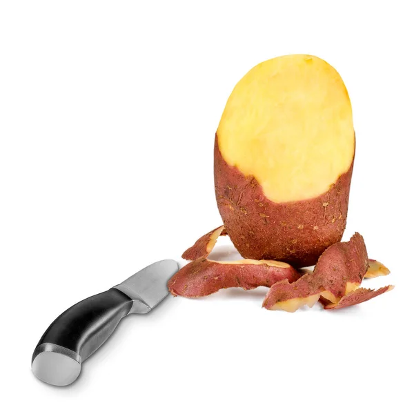 Half Peeled Potatoes Solanum Tuberosum Kitchen Knife White Background Potato Imagens De Bancos De Imagens