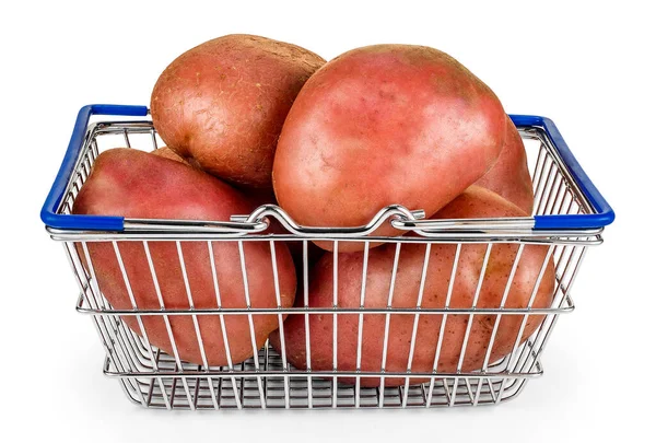 Large Red Potatoes Solanum Tuberosum Shopping Basket Isolated White Desiree lizenzfreie Stockfotos