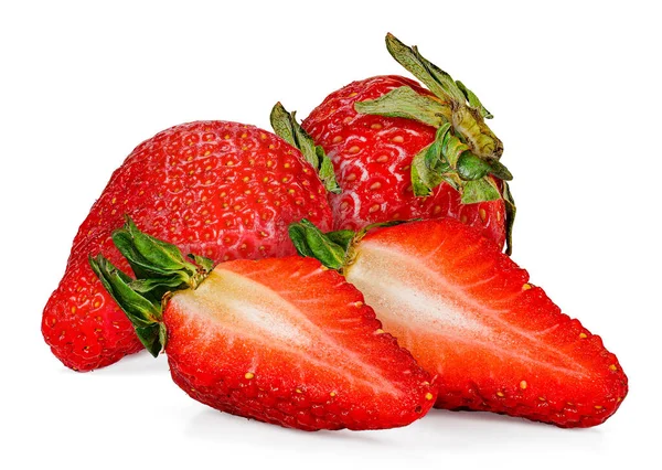 Whole Strawberries Halved Strawberry Side View White Background Stockbild