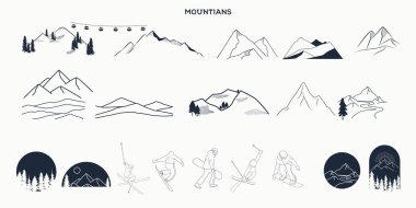 Kış sporları ve dağ ikonları, semboller, karlı elementler, snowboardcular ve kayakçılar koleksiyonu. Logoti yaratmak için mükemmel. Düzenlenebilir Vektör İllüstrasyonu.