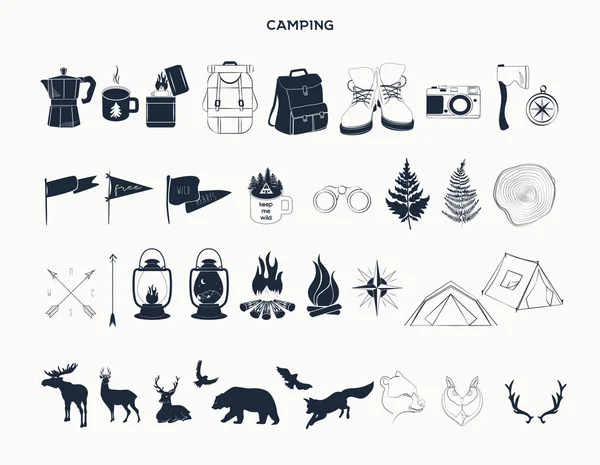 Collection Camping Icons Symbols Elements Wild Animals Travel Equipment Clothes — Stock Vector