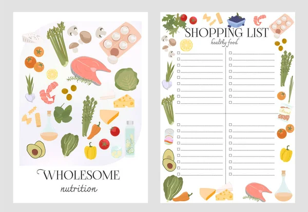 Egészséges Ételek Bevásárlólista Gyűjtemény Plakátjai Egészséges Ételekért Hasznos Táplálkozás Szerkeszthető — Stock Vector