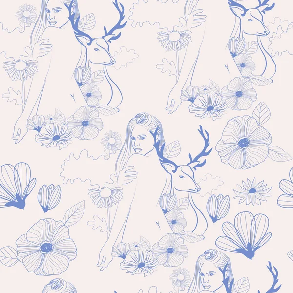 Seamless Pattern Beautiful Woman Surrounded Plants Animals Nymphs Forest Nature — Stockvector