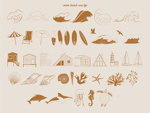 Колекція Лінійних Символів Літнього Бохо Дизайн Іконок Морські Хвилі Каюта — стоковий вектор