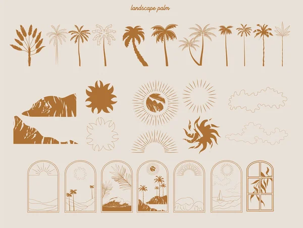Збірка Літніх Бохо Лінійних Символів Ікон Дизайну Сонце Пальма Пейзаж — стоковий вектор