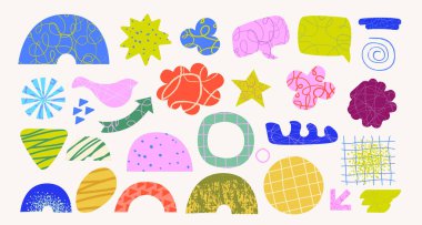 Renkli El şekilleri ve karalama nesneleri, kıvrımlar, noktalar. Soyut modern moda kolajı. Düzenlenebilir Vektör illüstrasyonları. 