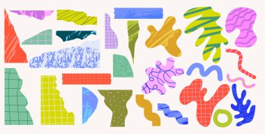 Renkli El şekilleri ve karalama nesneleri, kıvrımlar, noktalar. Soyut modern moda kolajı. Düzenlenebilir Vektör illüstrasyonları. 