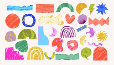 Renkli El şekilleri ve karalama nesneleri, kıvrımlar, noktalar. Soyut modern moda kolajı. Düzenlenebilir Vektör illüstrasyonları. 