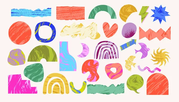 Set Forme Colorate Disegnate Mano Oggetti Scarabocchi Curve Punti Collage — Vettoriale Stock