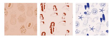 Tropikal meyveler, güzel bir kadın ve deniz yaşamının olduğu kusursuz bir yaz koleksiyonu. Düzenlenebilir vektör illüstrasyonu.