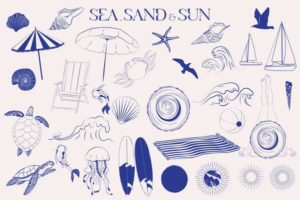 Морське Життя Предмети Пляжу Колекція Сонця Стилі Ескізів Літні Ікони — стоковий вектор
