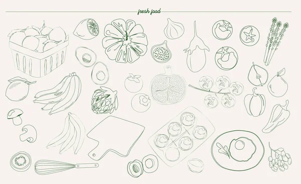 ollection of fresh food, fruit and vegetables illustration in sketch style. Editable vector illustration.