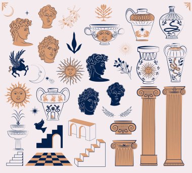 Mitoloji yaratıklarının, denizkızının, servetin, yılanın, mistik elementlerin koleksiyonu. Düzenlenebilir baskı sanatı.