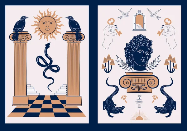 Коллекция Древних Греческих Плакатов Мифологией Мистическими Элементами Искусство Настольной Печати — стоковый вектор