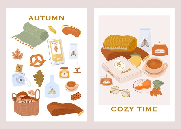 Herbstplakate Sammlung Von Gemütlichen Elementen Herbstpflanzen Herbstblättern Gemütliche Zeitkarten Editierbare — Stockvektor