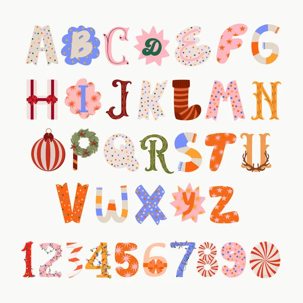 Letras Números Navideños Alfabeto Decoración Vacaciones Ilustración Vectorial Editable — Vector de stock