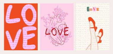 Aşıklar ve kadınlar için Retro posterleri koleksiyonu. Romantik Sanat Posterleri. Kadın poster şablonu. İç posterler asılmış. Düzenlenebilir vektör illüstrasyonu.