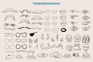 Dudakları, gözleri, bıyığı, şapkası, boynuzu olan komik karalamalar koleksiyonu. Düzenlenebilir vektör illüstrasyonu.