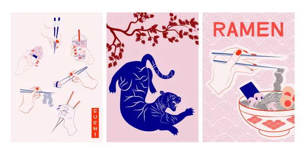Estetisk Asiatisk Illustration Med Gatumat Ram Sushi Tigerillustration Interiör Väggkonst Stockillustration