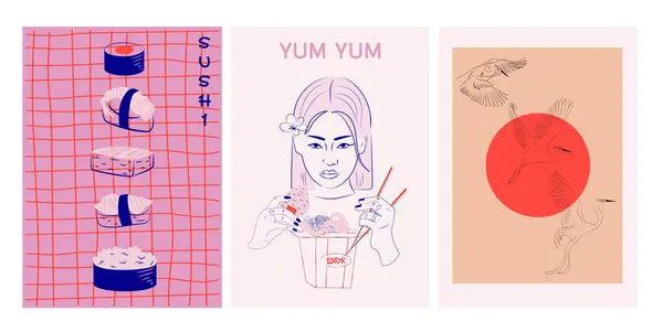 Ästhetische Asiatische Illustration Streetfood Wok Sushi Streicheleinheiten Bei Sonnenaufgang Editierbare lizenzfreie Stockillustrationen