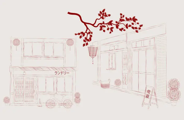 Şirin Evleri Olan Japon Sokak Çizimi Orijinal Asya Illüstrasyonu Duvar Telifsiz Stok Vektörler