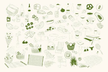 Yaz pikniği öğeleri koleksiyonu. Yiyecek, içecek, piknik sepeti, battaniye, güneş sandalyesi, şemsiye. Estetik piknik tırmanışları. Düzenlenebilir vektör illüstrasyonu.