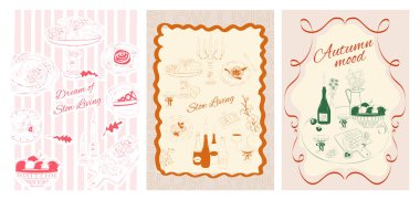 Retro posterleri koleksiyonu. Yavaş Yaşayan Sonbahar posterleri. Yemek Posteri şablonu. İç posterler asılmış. İlham posterleri. Düzenlenebilir vektör illüstrasyonu.