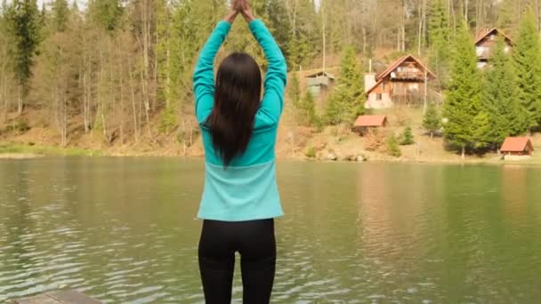 湖の近くの山でヨガをしている運動選手です ヨガの練習をしている女性です 蓮の花の位置に草の上に座り大きな木で公園の外で手を上げて — ストック動画