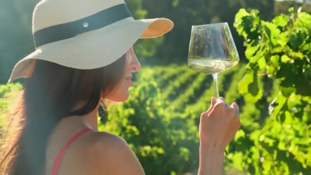 白ワインのグラスでお祝いの衣装の女の子 女性の手はワイングラスを持っている 若いブルネットの女性ソムリエワインをデザート イタリアのワイナリーでワインを飲む赤い夏のドレスの美しい女性 — ストック動画