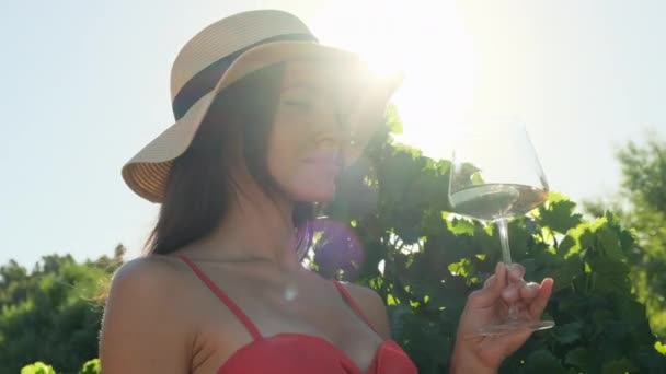 美しい若い女性がワインを飲んでいます 帽子を被った陽気な女性が白ワインを片手にイタリアのブドウ畑の近くに立っています 美しい女性がワインを飲む — ストック動画