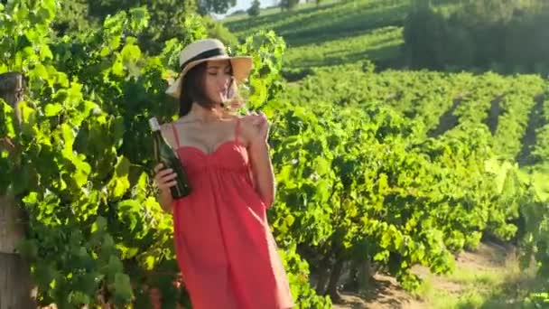 Stilvolle Frau Mit Hut Steht Mit Einem Glas Wein Urlaub — Stockvideo